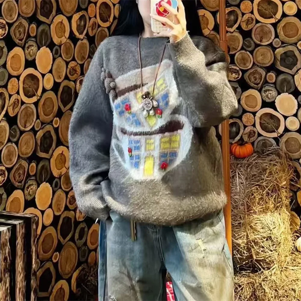 

Вязаный свитер с милой чашкой чая и медведем, женский свободный пуловер на голову, элитный осенне-зимний дизайн, антивозрастной модный топ