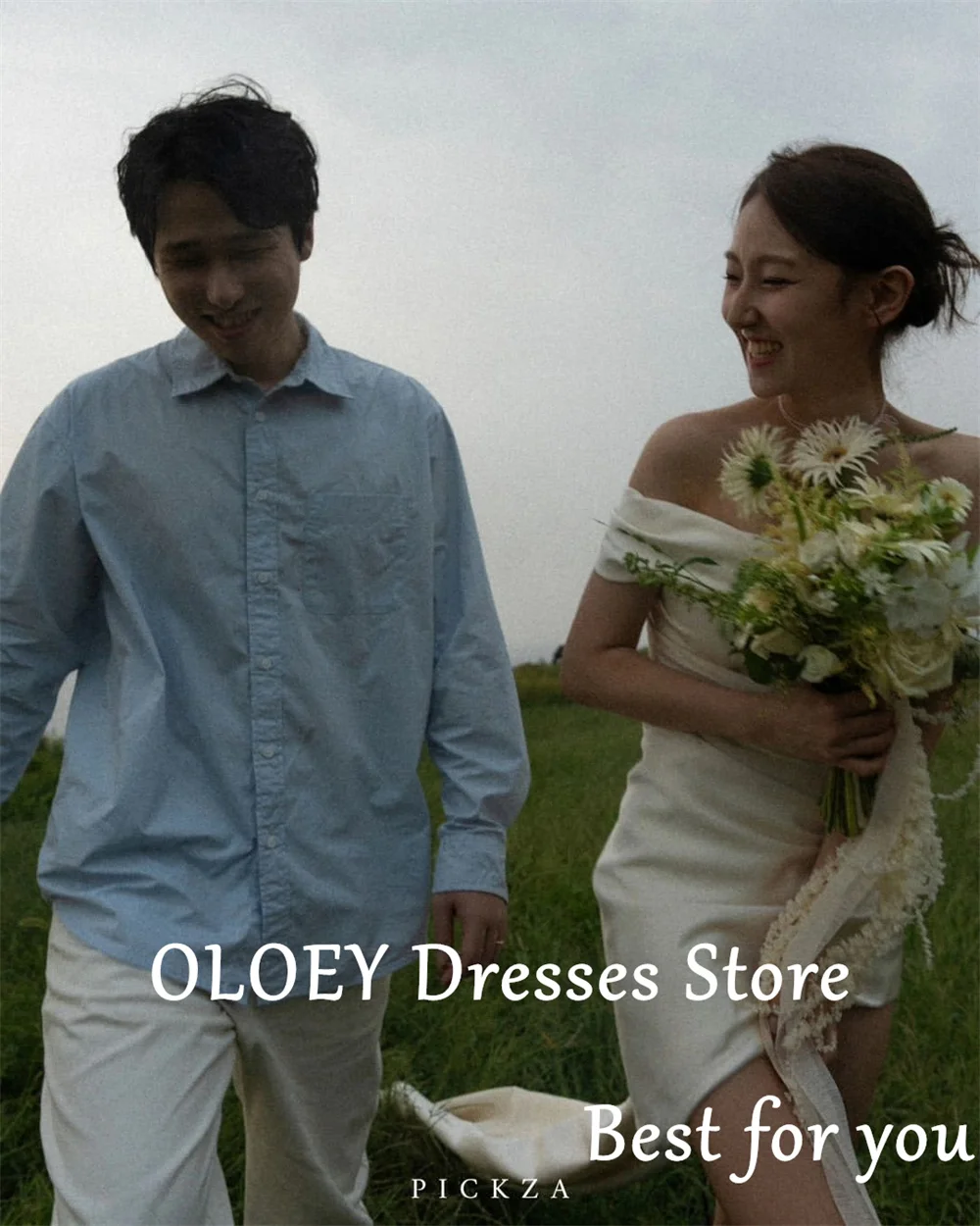 OLOEY Simple A Line Short Wedding Dresses Korea Photo shoot Off the Shoulder Pleats Bride Gowns Formal Party Dress Corset Back