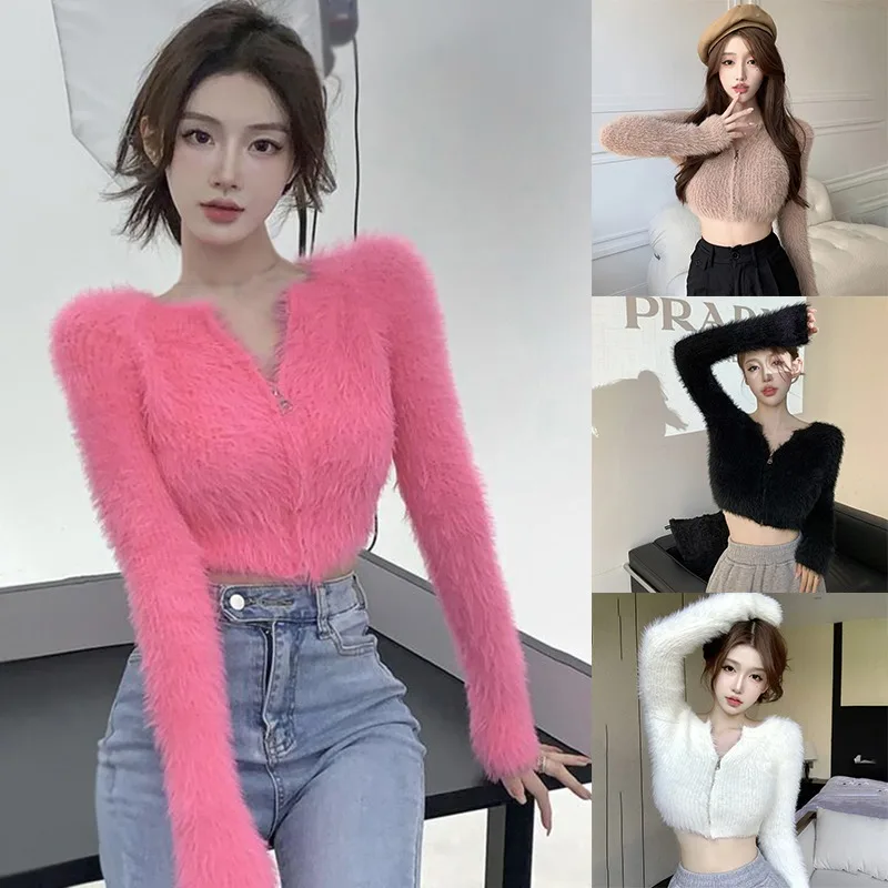 Women\'s Sweater Top Knitted Cardigan Plush Off Shoulder Short Style Gentleness Mink Zipper Design