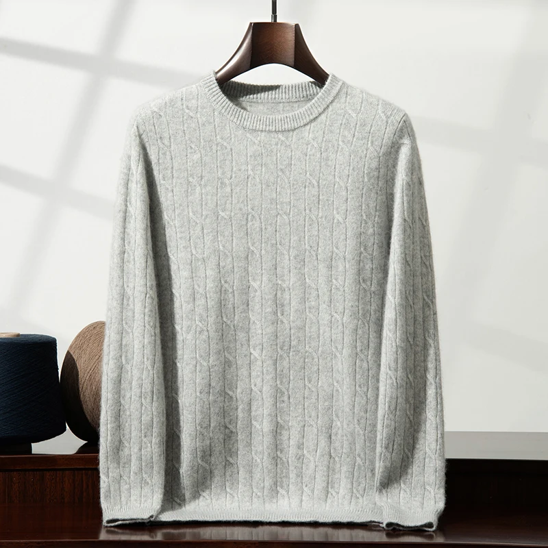 

Double Thickened 100% Cashmere Sweater Men's Knitwear Twisted Round Neck Long Sleeve Pullover Business Sweater Knitted Top