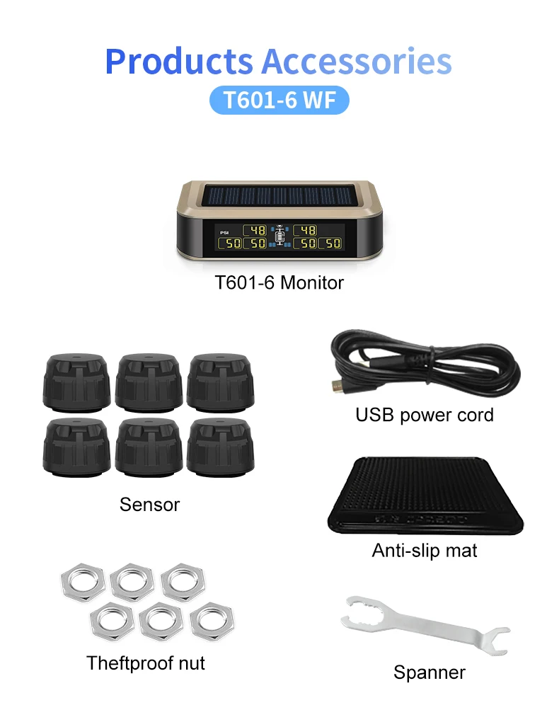 RV-LKW-Anhänger, 6 Sensoren, 6 Räder, USB, extern, kabellos, Solar-Reifendruck, Mon-Joring-System, Tpms