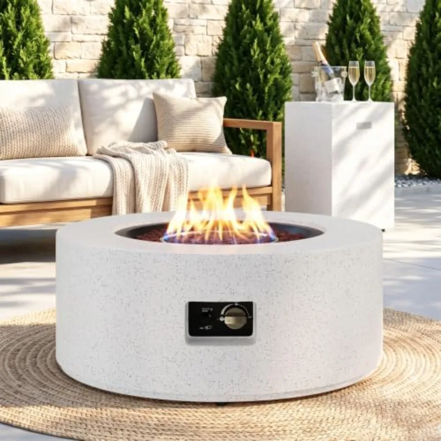 2-Piece Propane Fire Pit Table Set for outdoor use, terrazzo white finish, durable ceramic composite material, smokeless flame