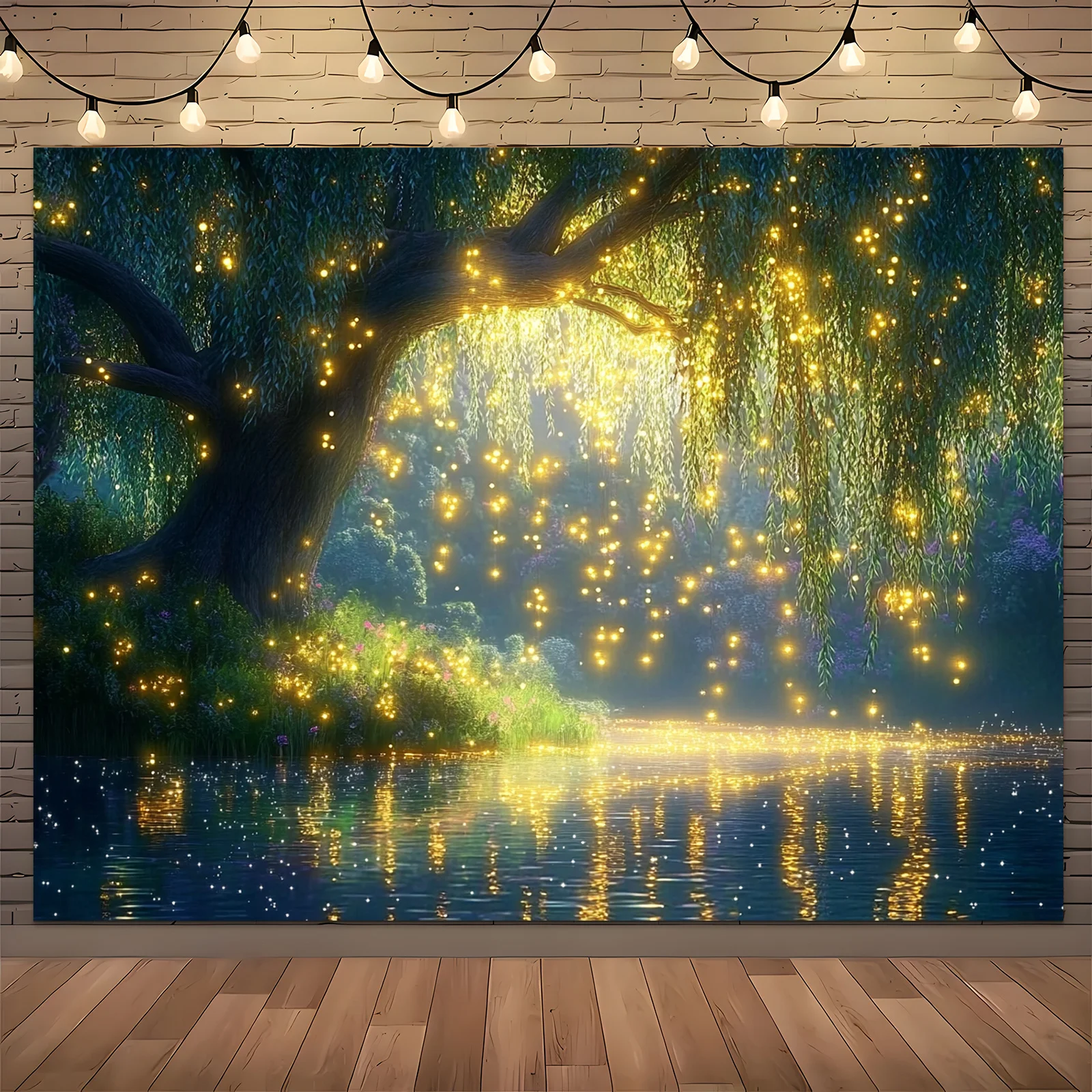 1 Stück magische Weidenfee-Lampe, magischer Waldsee, verträumter Hintergrundstoff, Party-Banner aus Polyester