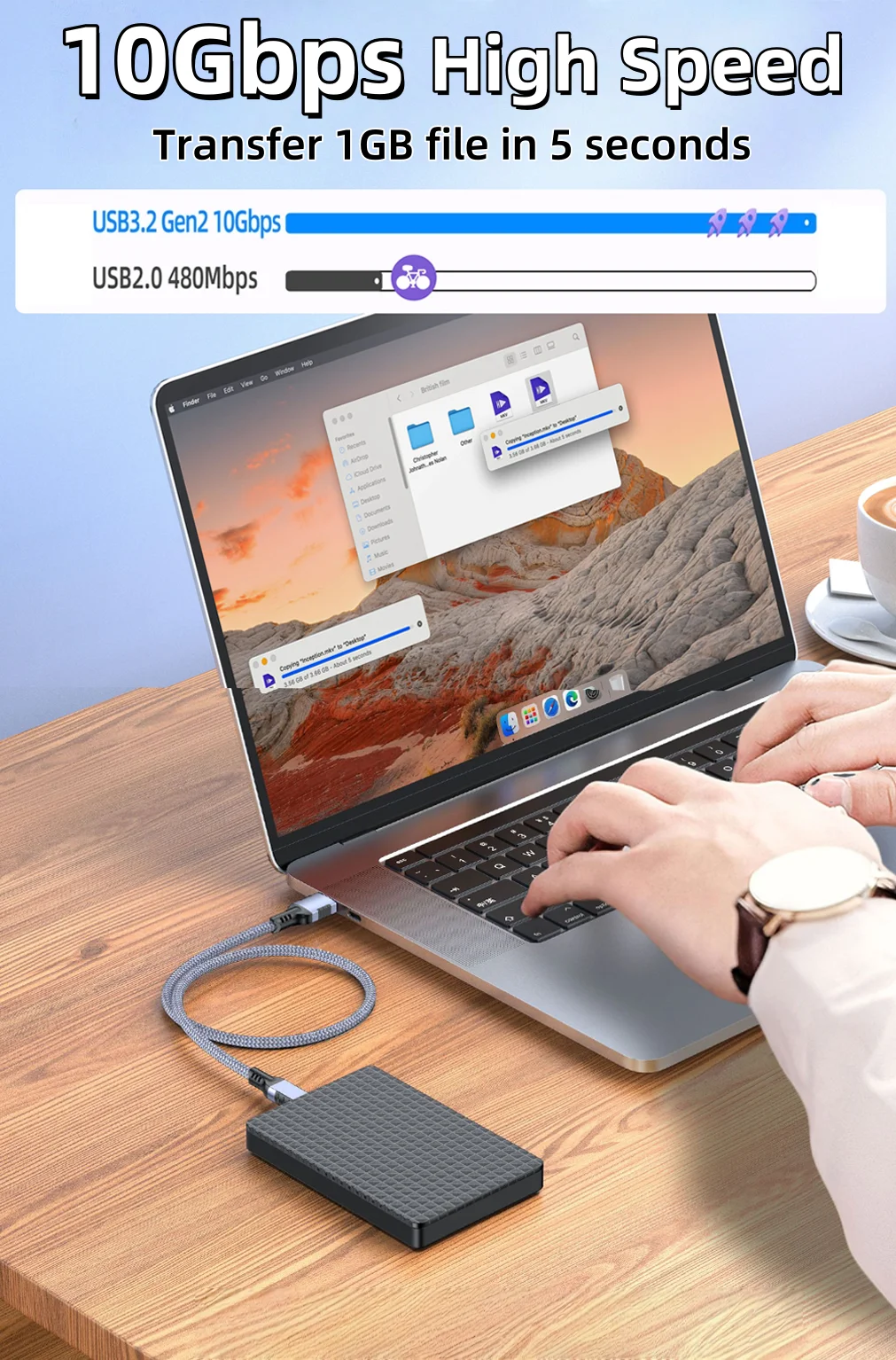 Hannord USB3.2 USB A to USB C Cable 10Gbps 3A 60W QC 3.0 Type C Fast Charging Cord Data Transfer for iphone16 MacBook Pro SSD
