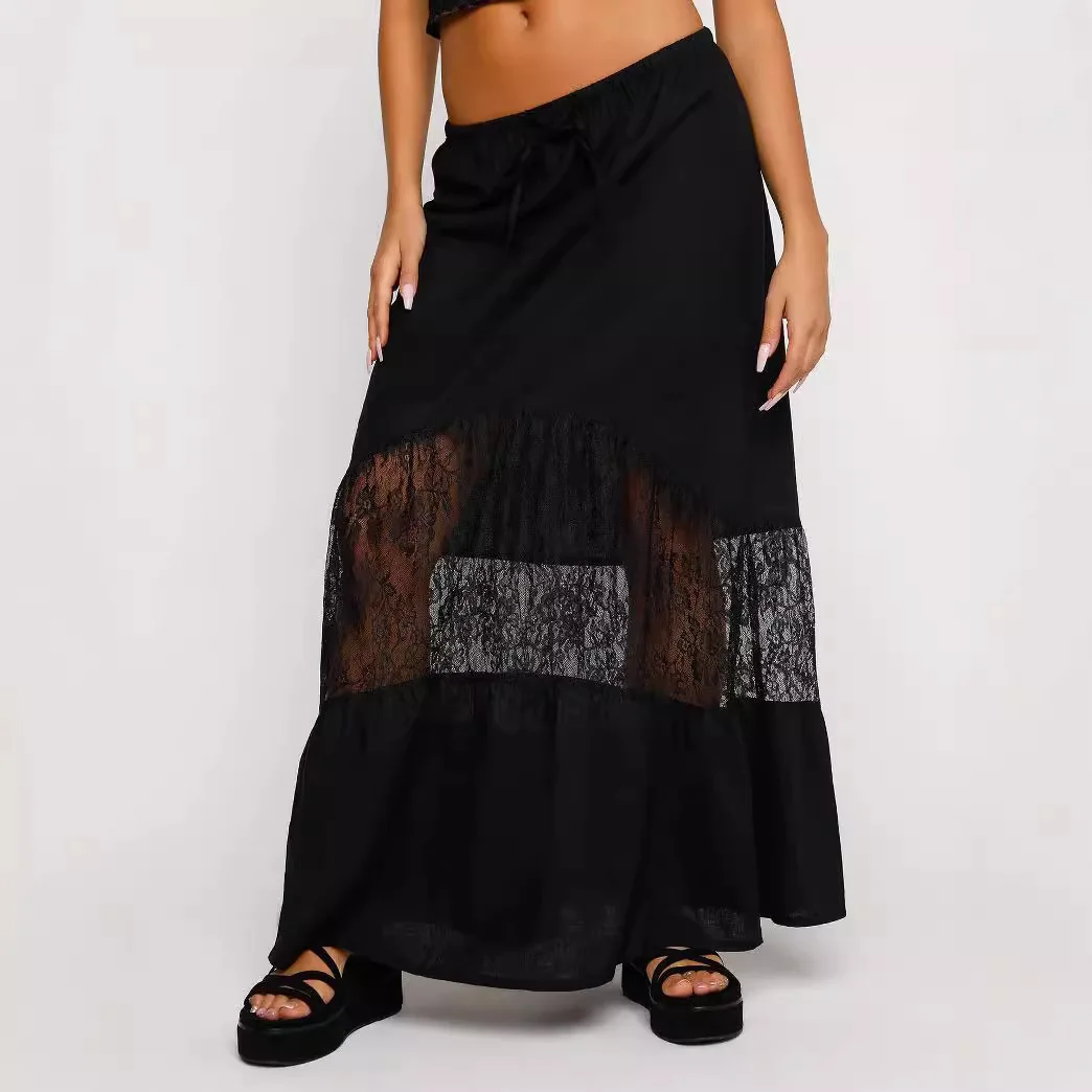Skirt High Waist Hollow Out Loose Long Skirts Elegant Flowy Boho Spring Summer Maxi Beach Vacation Women's Chic