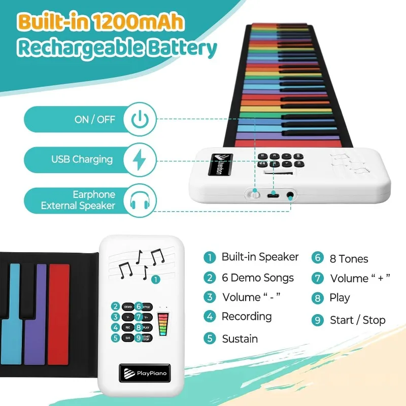 Portable Rainbow Hand Roll Piano 49 Keys Beginner Children's Folding Portable Thickened Soft Keyboard Instrument