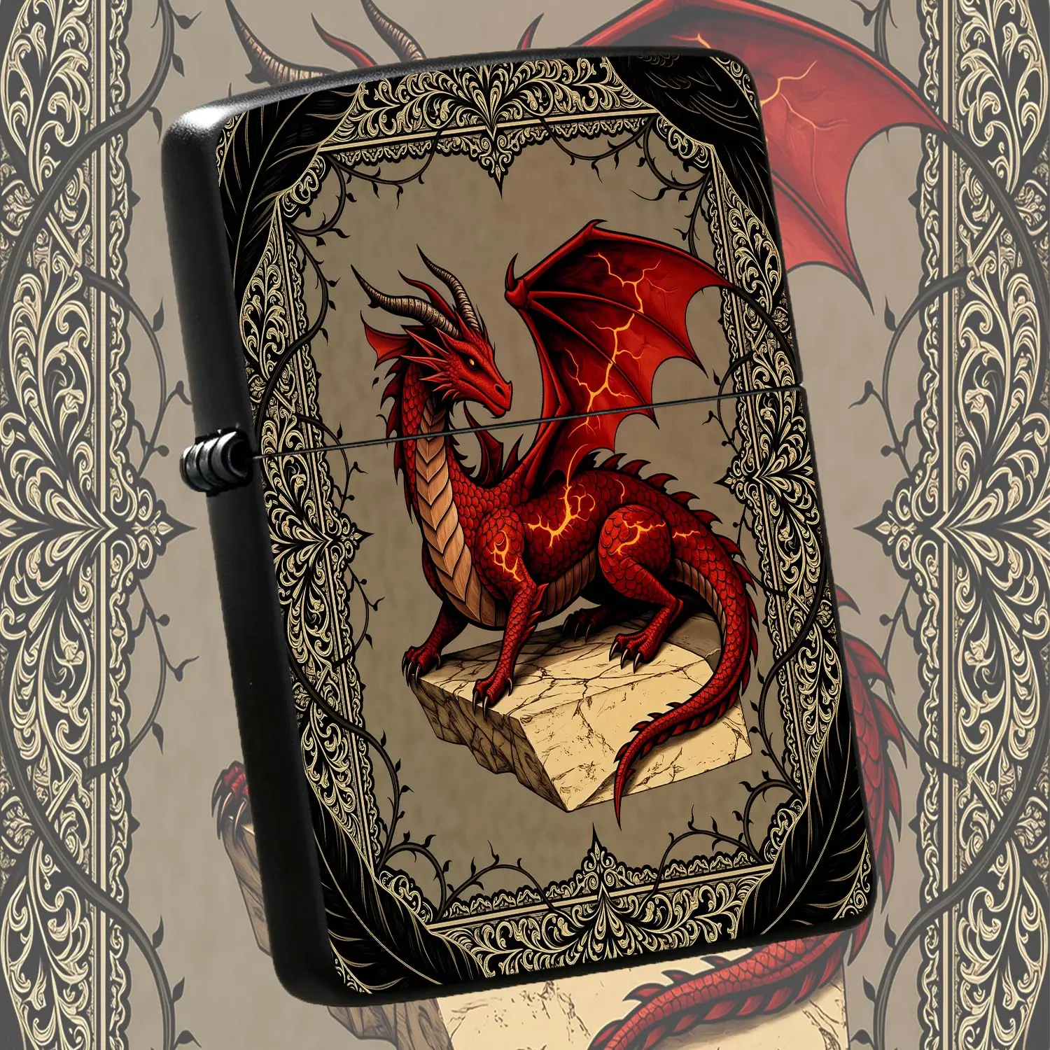 Vintage Red Dragon Pattern Lighter, Exquisite Ornate Carved Frame Design, Portable Stylish Ignition Accessory, Perfect For Daily Carry, Outdoor Trips, Lighting Candles And Incense, Ideal For Gifting, Collection And Dail A Humorous And Inter