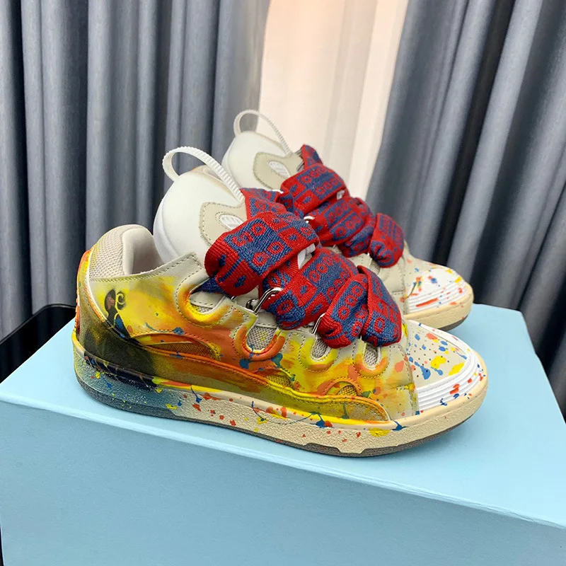 

‌2025 Top Quality Women's Casual Sneakers Men Platform Loafer Patchwork Design Shoes Wide Lace Comfortable Footwear Size 35-46