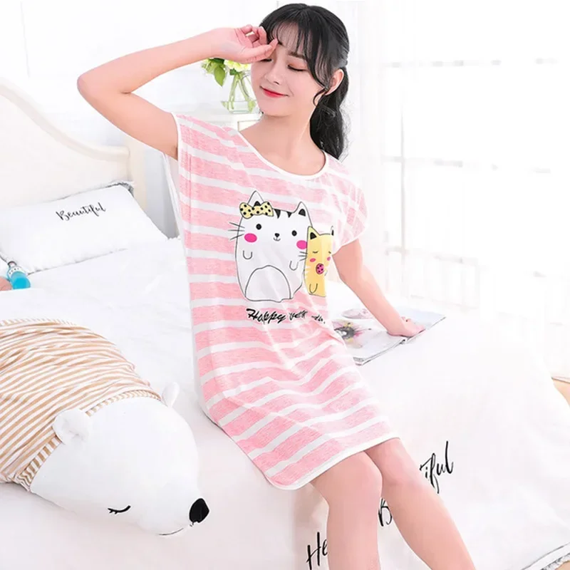 2024 Summer Womens Nightgown Female Pajiamas Short Sleeved Cartoon Sleepwear Girls Round-Neck Cute Dress