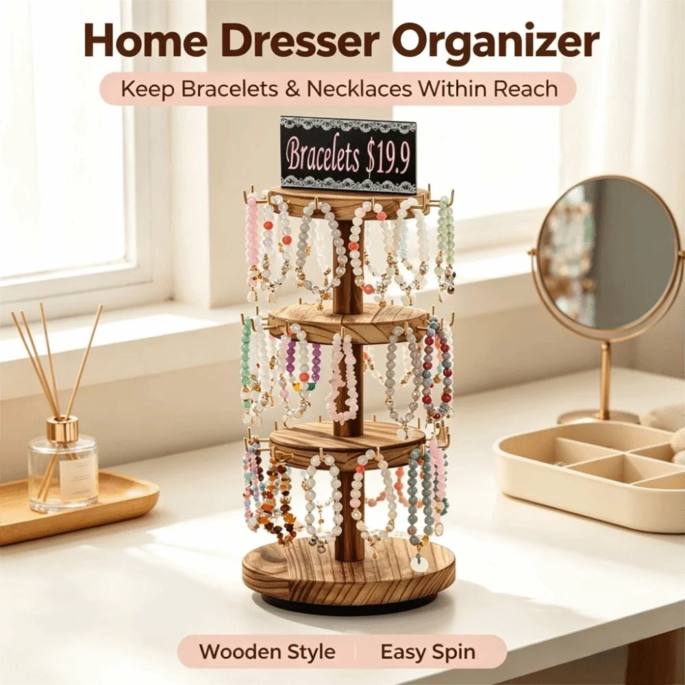 43*17.5cm Jewelry Display Stand Multi-layer 360° Rotatable Base Wooden Necklace Display Stand Rustic Vintage Finish Metal Hooks