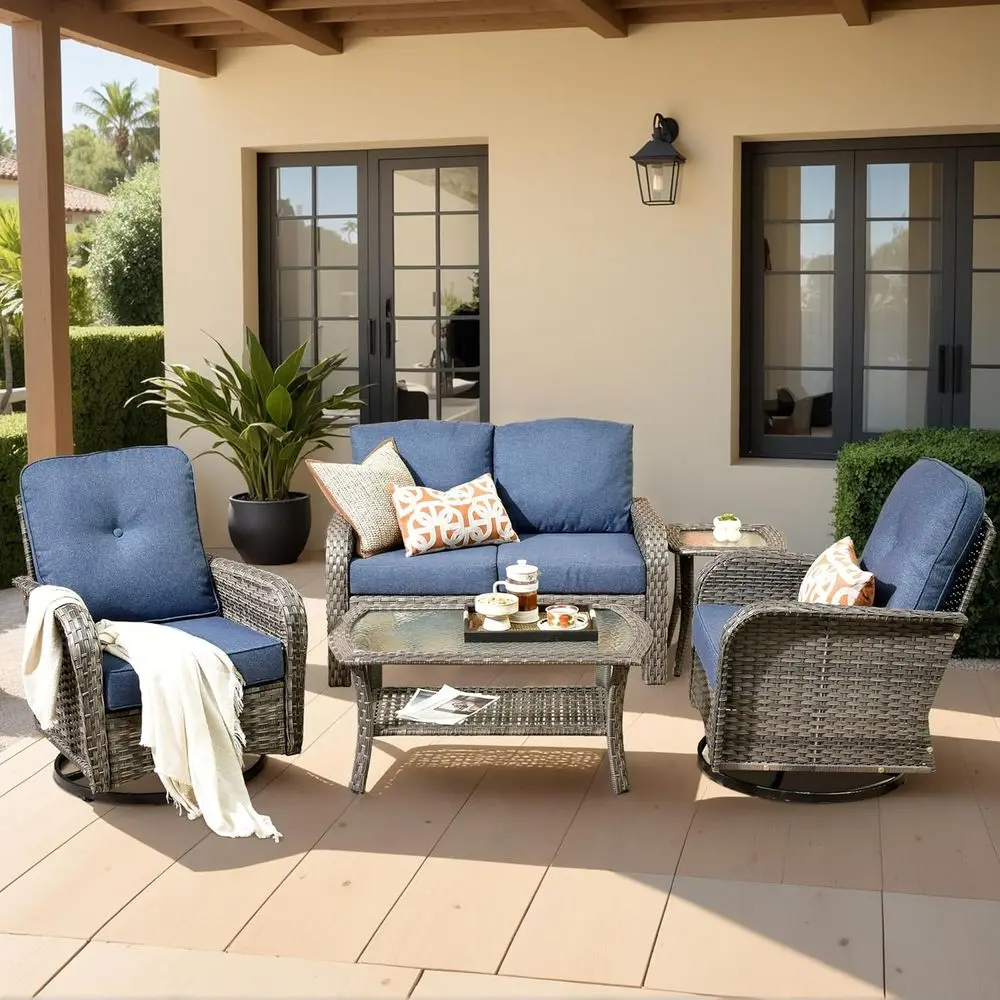 

5-Piece Outdoor Patio Furniture Set with Swivel Rocker Chairs, Loveseat, Sofa, and Rattan Coffee Table, Ideal for Backyard, Pool