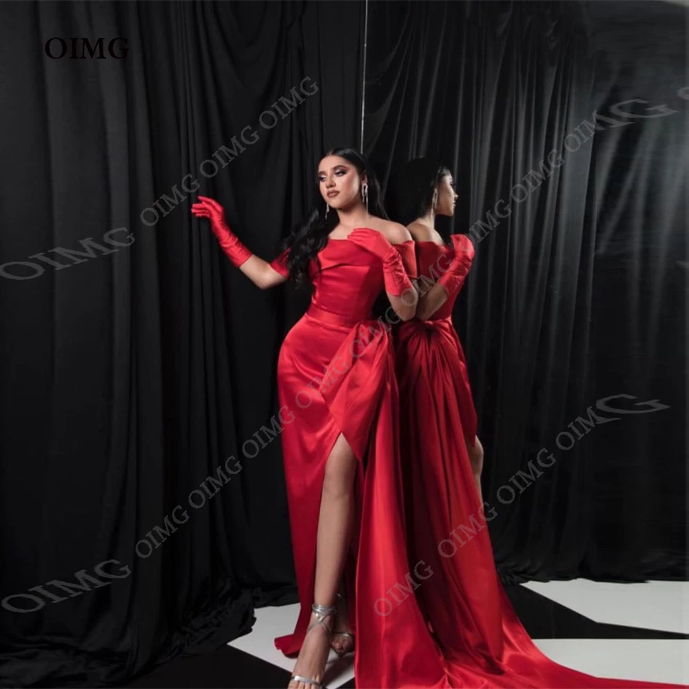 OIMG gaun malam Formal wanita, belah samping satu bahu panjang lantai terpisah Dubai gaya Arab Satin panjang gaun Prom pesta