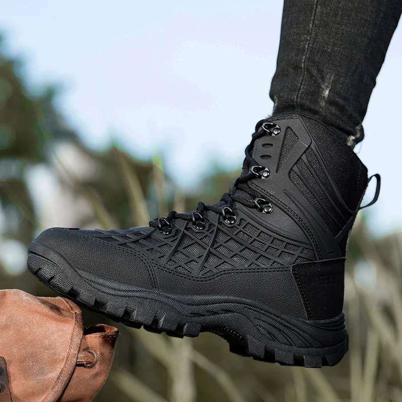 

High-top Boots Men Anti-slip Lace-up Shock-absorbing Wear-resistant Breathable Combat Boots Outdoor Comfortable Hiking Shoes Men
