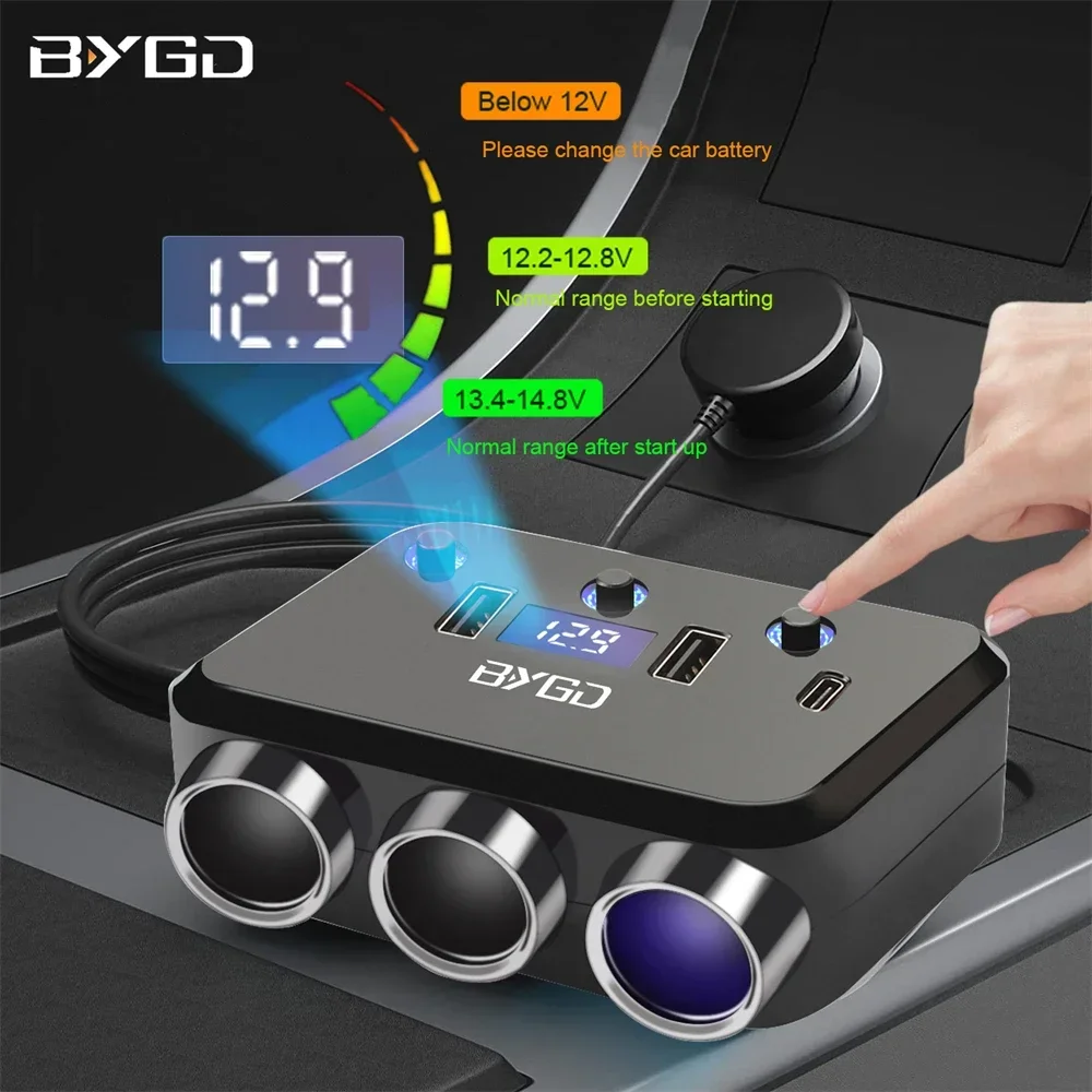 

BYGD Car Cigarette Lighter Splitter Socket 12V 24V Car Outlet Adapter 3 Way QC 3.0 Dual USB 3.1A Type-C Fast Charging