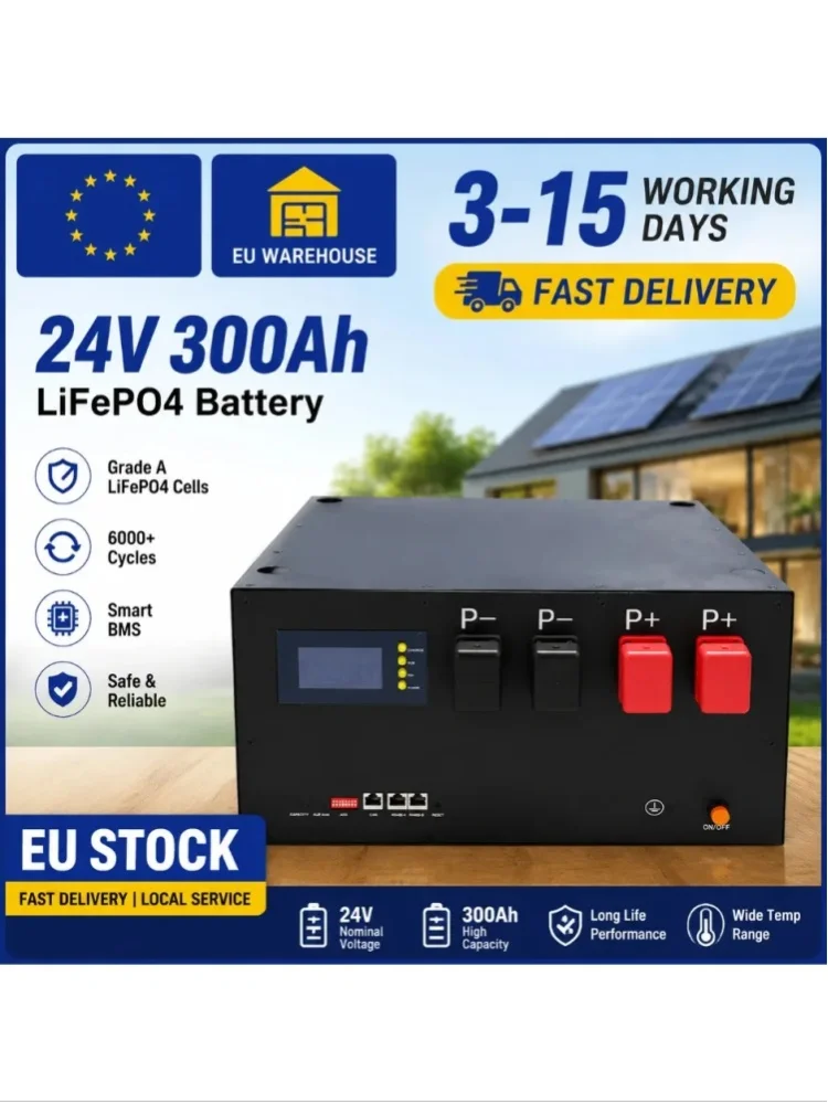 24V 300Ah LiFePO4 Solarbatterie – 6000+ Zyklen Lebensdauer – Batteriegehäuse/Rack & DIY-Kit für Heimenergiespeicherung – EU-Lagerbestand verfügbar