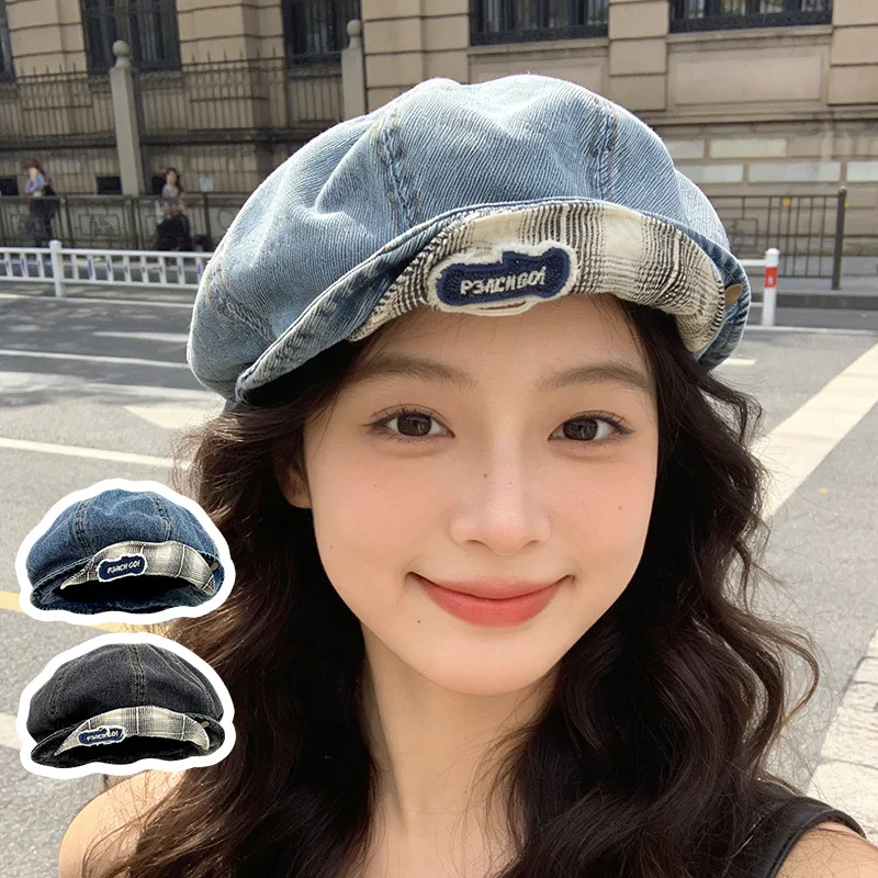 Y2K Letter Sticker Embroidered Flipped Brim Beret Hats for Women Spring Summer Travel Retro Denim Painter Cap Chapeau Femme