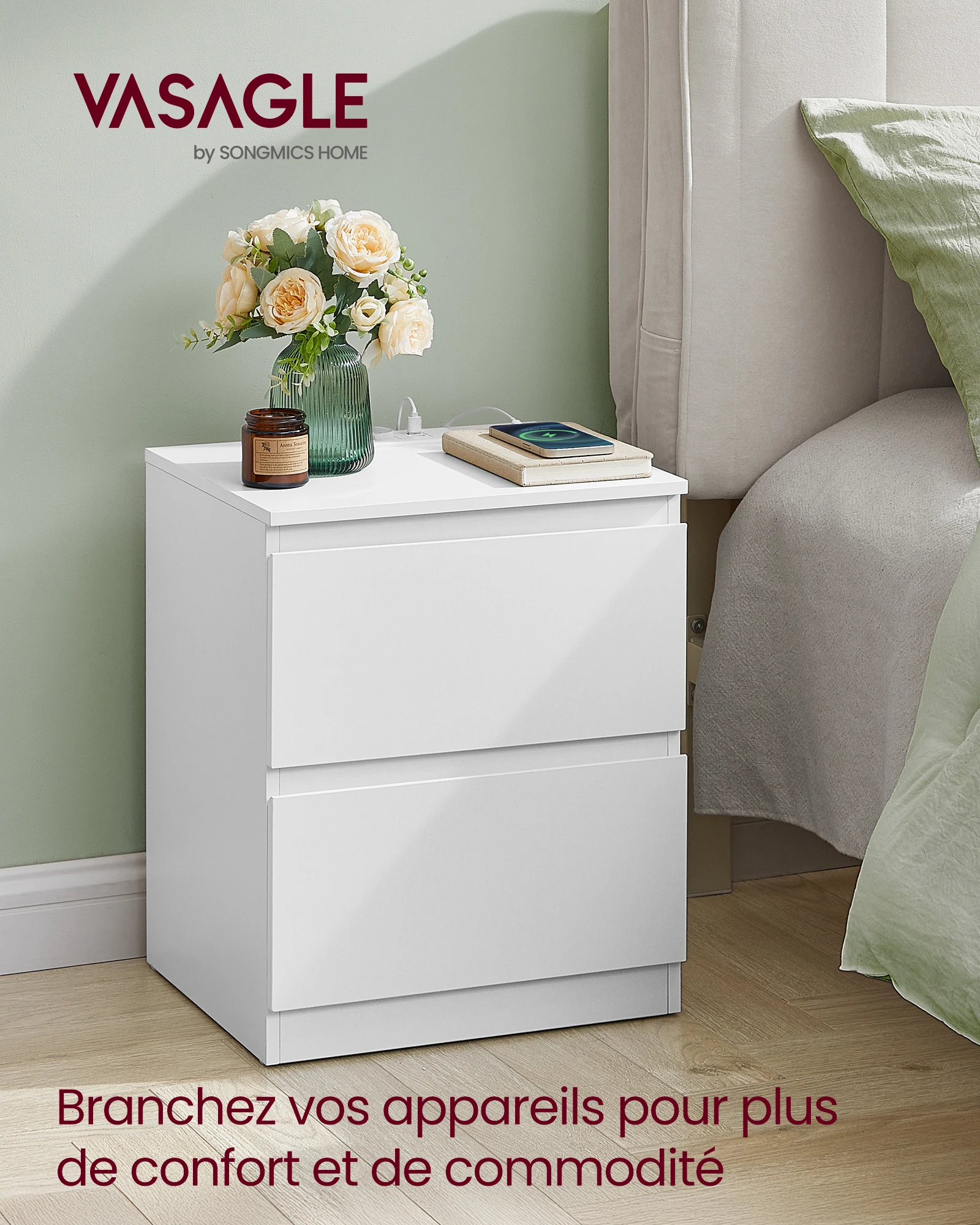 Lot de 2 Table de Chevet avec Multiprise, Table d'Appoint, 2 Tiroirs, 2 Prises CA, 2 Ports USB-A, pour Salon, Chambre, Bureau, Moderne, Blanc Nuage/Jaune Amande/Noir Boisé