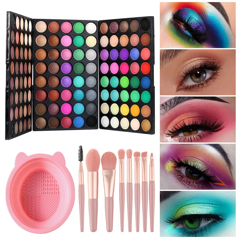 3-teiliges Make-up-Set, 120-Farben-Lidschattenpalette mit 8 Make-up-Pinseln und faltbarer Silikon-Reinigungsschale für tägliche Partys