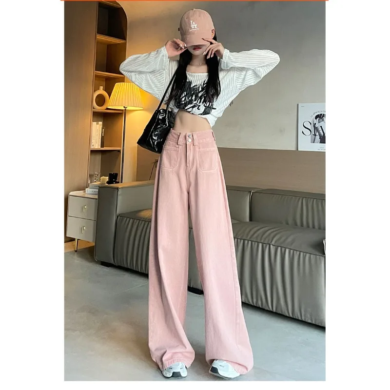 

Retro Wide Leg Denim Pants for Women with High Waistline and Drape, Straight and Loose Pear Shaped Slimming Pants