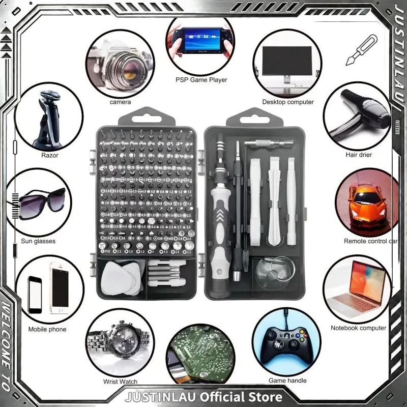 JUSTINLAU 115-teiliges Präzisions-Schraubendreher-Reparaturset mit Torx-Triwing-Bits für Computer, Macbook, tragbar, praktisches Geschenkset für Männer.