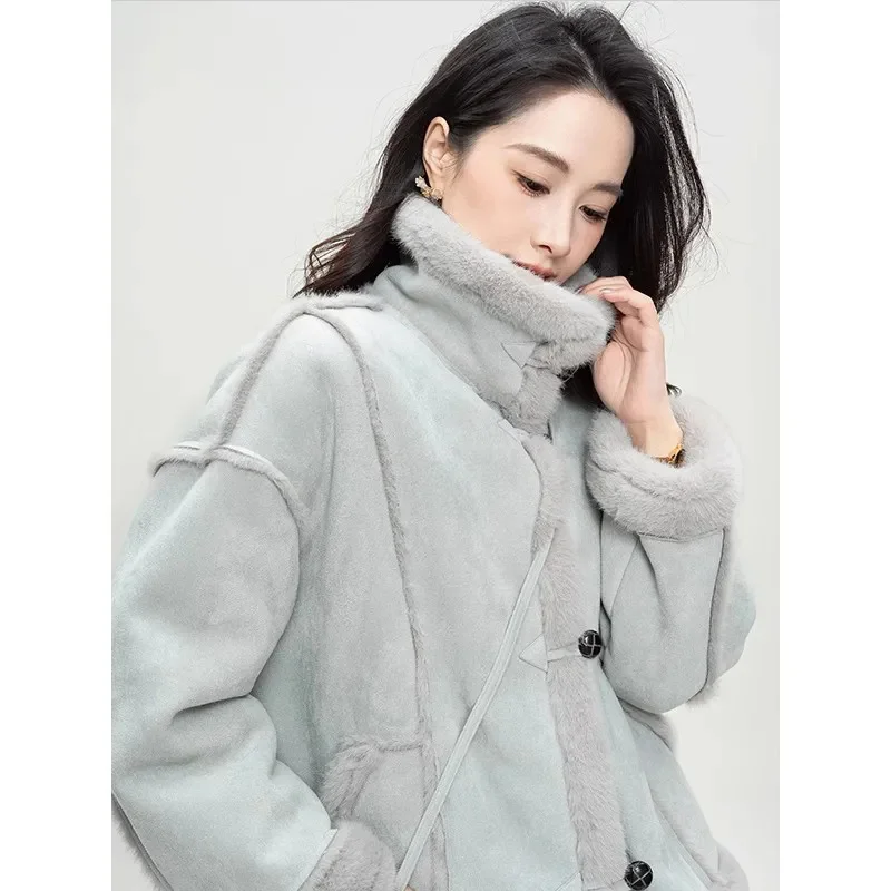 Women Fur Coat New Winter Artificial Fur Overcoat Splicing Motorcycle Coats Women's Loose Casual Standing Collar Blue Jacket