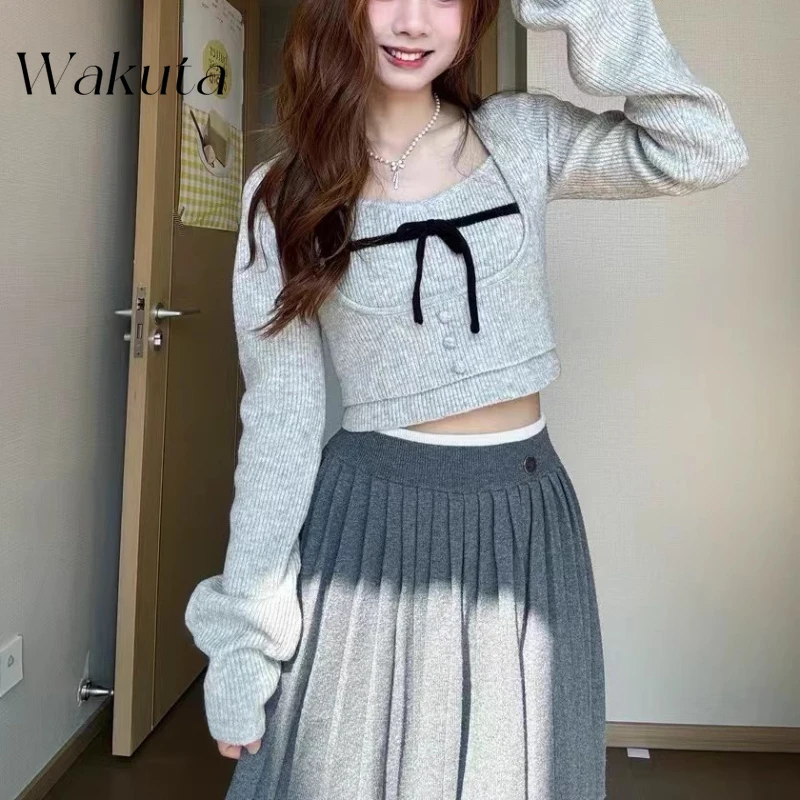 WAKUTA Japanese Pure Desire Bow Tie Camisole Knit Jumpers Sexy Fall Versatile Streetwear Long-sleeved Sweaters 여성 반팔 니트 Свитер