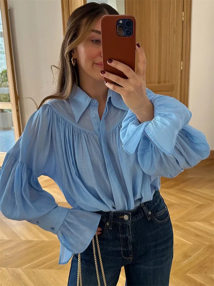 

Summer Ruffled Loose Shirts Cardigan For Women Lapel Long Sleeve Casual Solid See-Through Blouse Female Pleated Shirts New