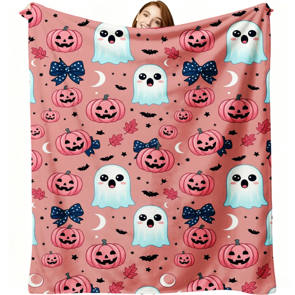 1pc Bohemian Flannel Blanket Suitable for -Season Cozy Bedspread with Pumpkin Bat Moon Leaf Print, Soft Warm Bed Cover for Sofa & Bed, Machine Washable Bedspread for, Room, - Autumn Winter Gift