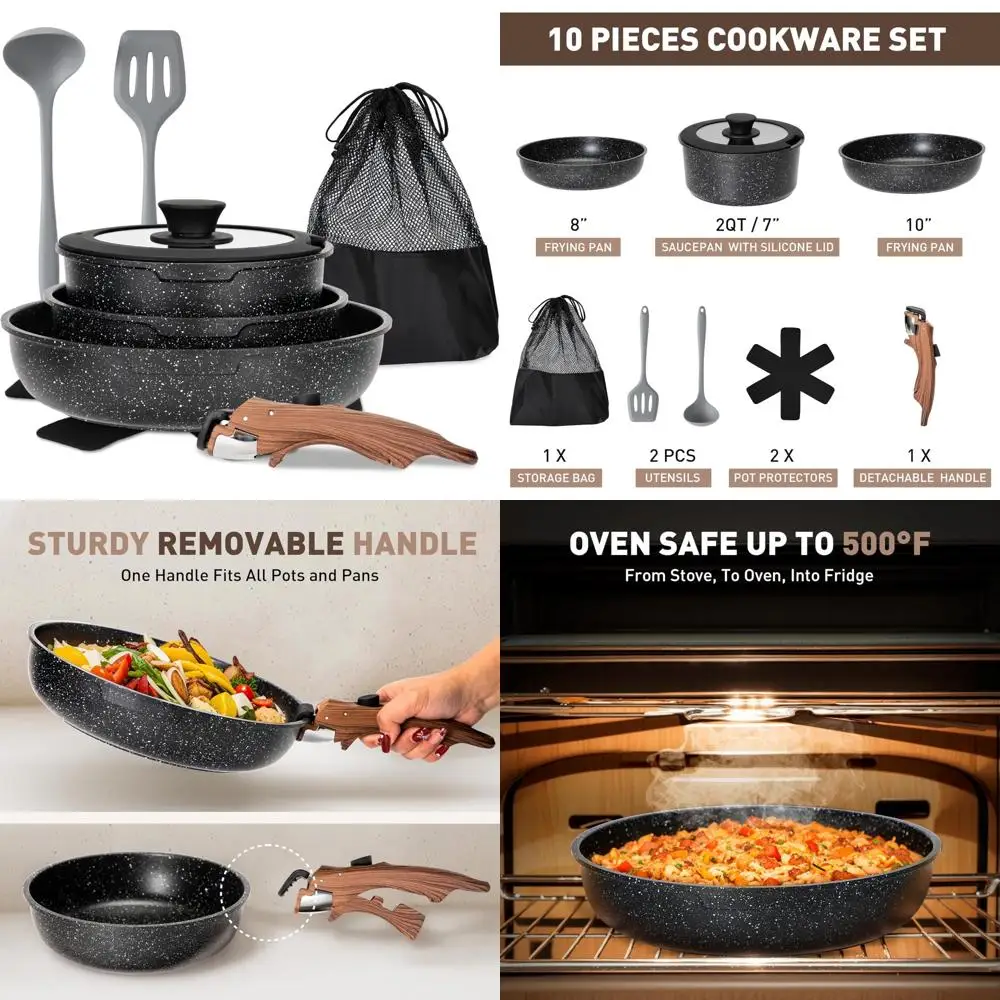 

10-Piece Nonstick Black Granite Detachable Handle Cookware Set, Stackable Induction Pots and Pans