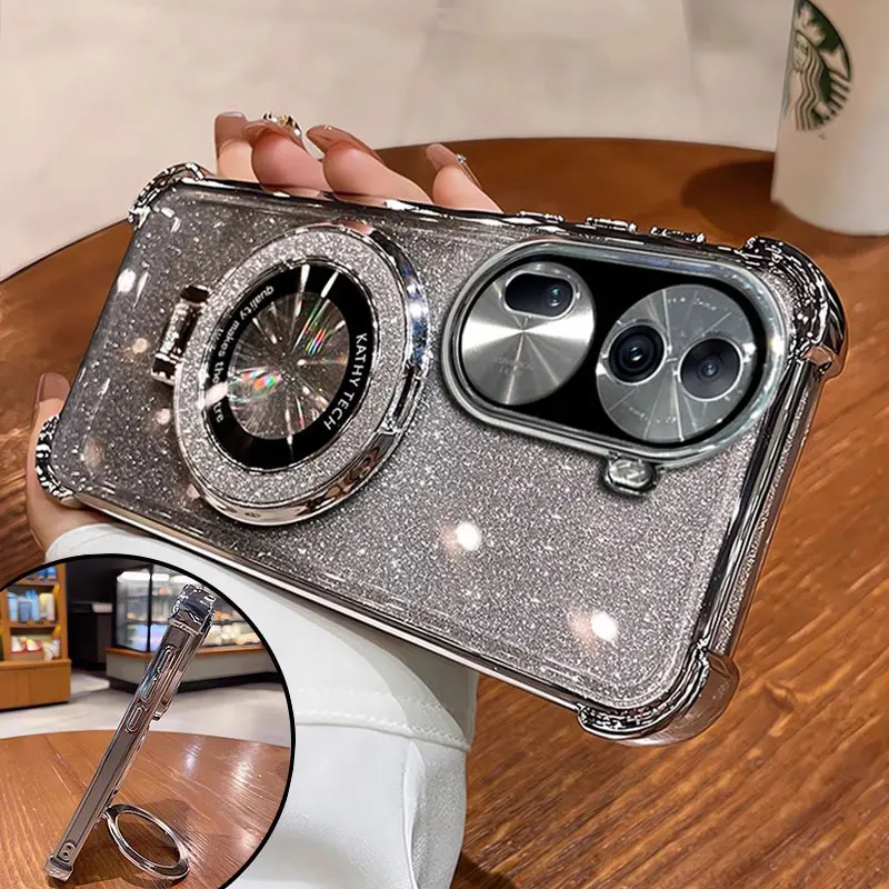 

11 11pro Case Luxury Magnetic Bracket Shockproof Cover For OPPO Reno 11 10 pro 11F 12F 7 A79 5G Case with Holder shiny Glitter