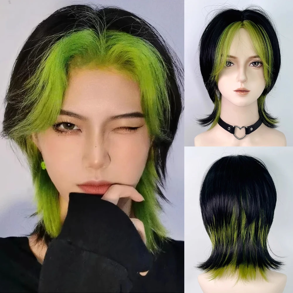 Synthetic Short Straight Mullet Head Wigs Black Green Natural Fluffy Lolita Cosplay Hair Wig for Daily Party