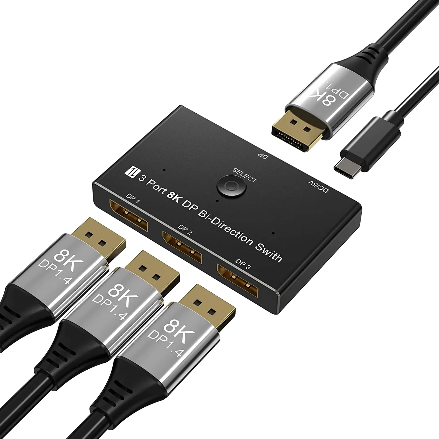 DisplayPort 8K DP 1.4 Switch 3In 1Out 1In 3Out Bi-direction 8K @ 30Hz 4K @ 144Hz Splitter Converter untuk Berbagai Sumber dan Tampilan