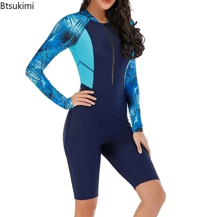 Novo 2025 verão feminino manga longa surf terno maiô rashguard feminino surf protetor solar roupa de banho mergulho impressão terno de natação