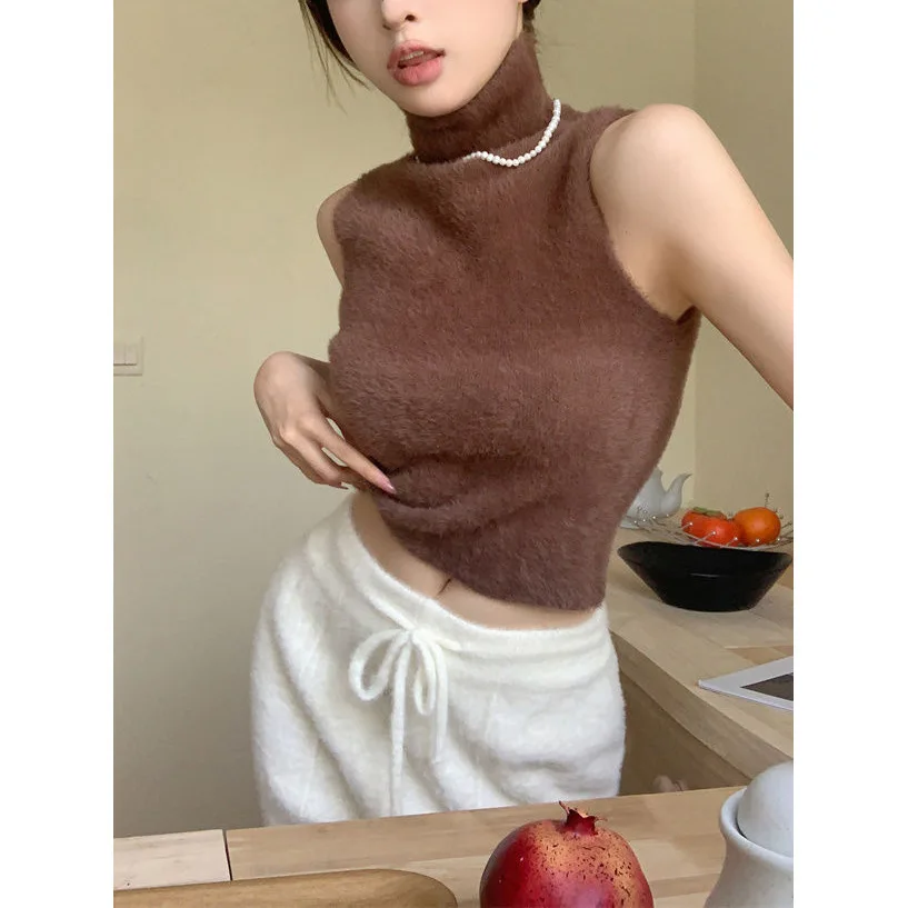 

Korean Version Faux Mink Fur Semi High Neck Sleeveless Knitted Sweater For Women 24 Summer Hot Girls Sexy Slim Fit Short Top