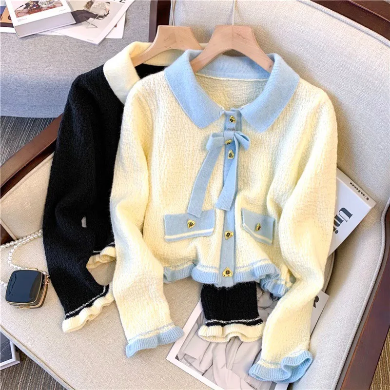 Women\'s French Elegant Sweater Bow Lace Up Knit Cardigan New Fashion Long Sleeve Single Breasted Turn-down Collar Top