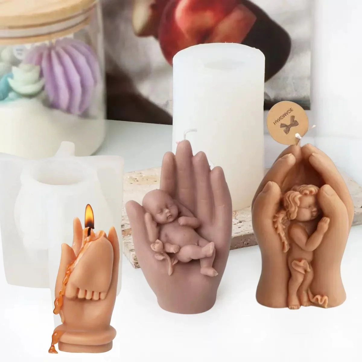 Molde de vela de silicona 3D para bebé en la mano, molde de silicona para aromaterapia, jabón, amor, madre, decoración de yeso, manualidad para regalo