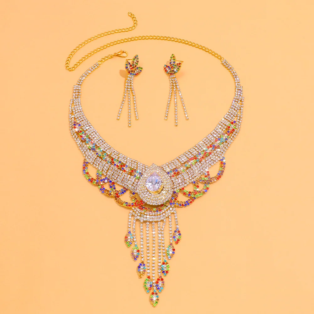 Stonefans Colorful Crystal Necklace Earrings Set Water Drop Accessories High Quality Dubai Bridal Tassel Jewelry Set Women Dress