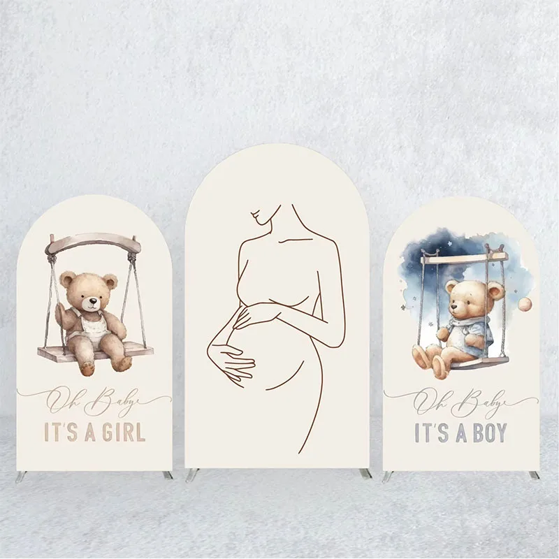 

Mehofond Beige Baby Bear Arch Backdrop Covers Baby Shower Gender Reveal Decoration Pregnant Woman Arched 2-sided Background