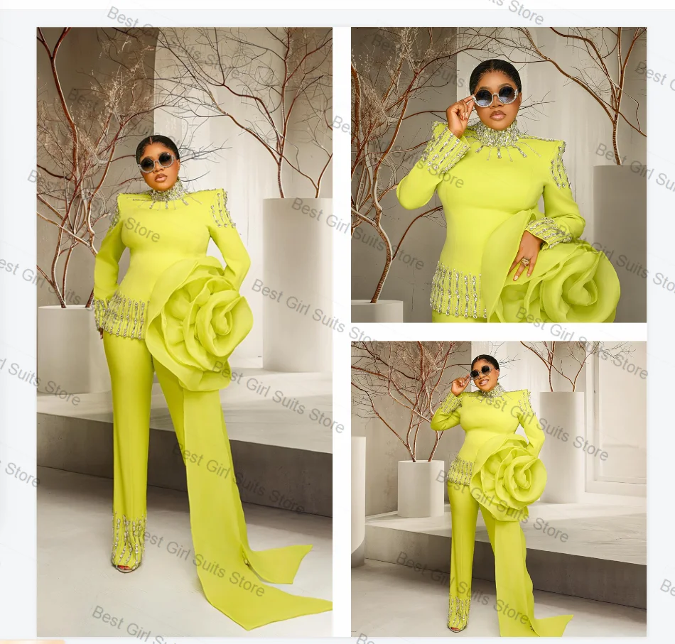 

Yellow Wrap Women Suit Set 2 Pcs Cape Crystals Blazer+Pant Trousers Flower Formal Office Lady Jacket Customized Wedding Tuxedos