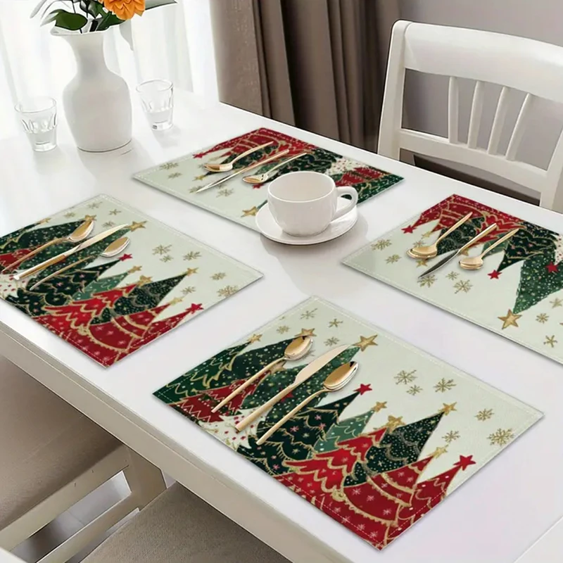 4Pcs Festive Christmas Tree and Snowflake Placemats Festive Linen Table Mat for Holiday Dining and Kitchen Decor Home Party Use