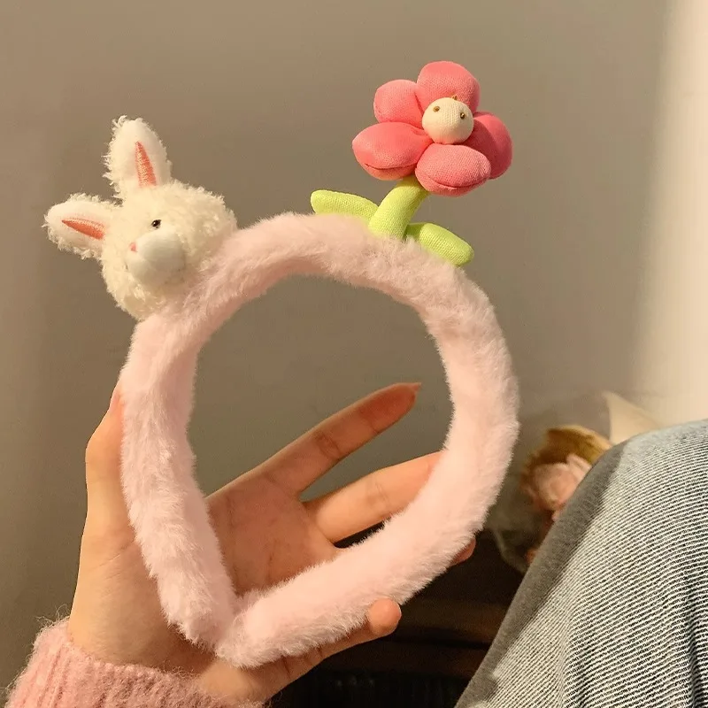 

Cute Rabbit Hair Bands Pink Flower Plush Hair Hoop Trend Female Headband Head Hoop Sweet Hair Bands Accessories for Women