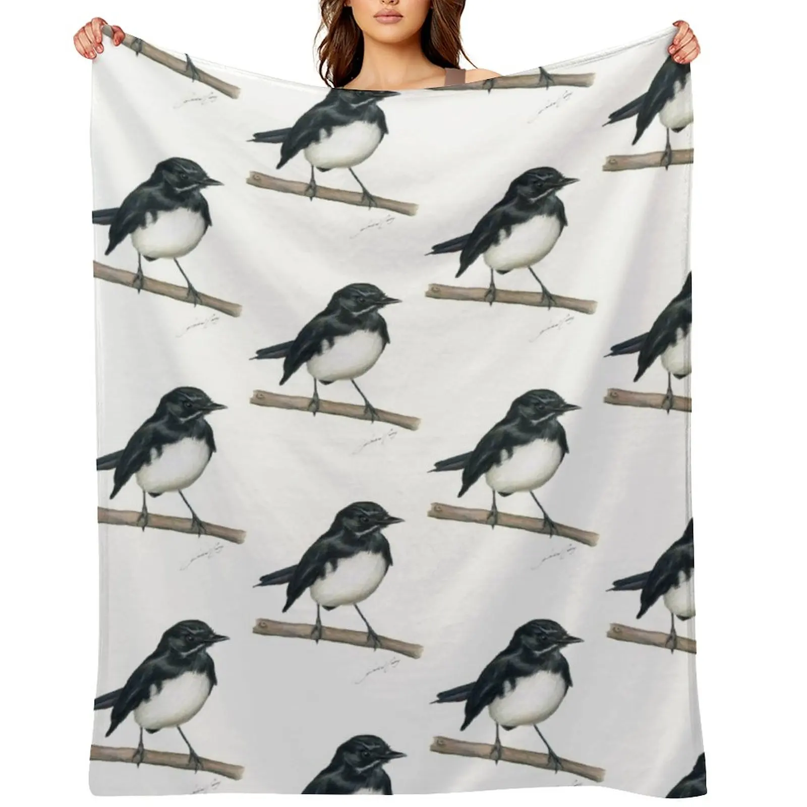 

Willie Wagtail bird art with signature. Lovely little black and white bird gifts! Throw Blanket Soft Moving Blankets