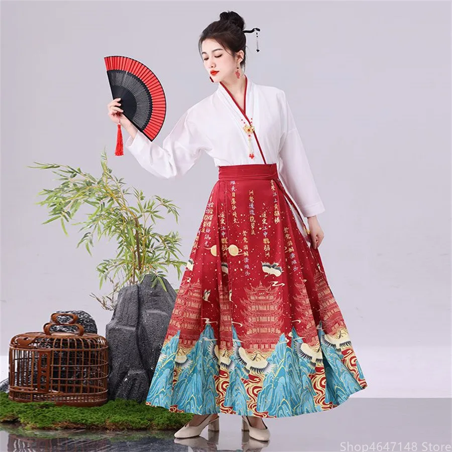 

Современный женский костюм Hanfu с юбкой с изображением лошади, повседневная одежда Mamianqun, китайские платья в традиционном стиле династии Мин