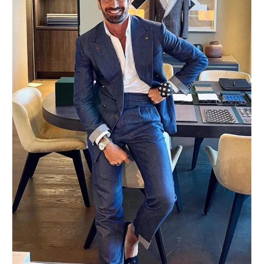 

Denim Fashion Men Suits 2 Pcs Double Breasted Peaked Lapel Casual Male Clothing Daily Wedding Tuxedo Custom Blazer Jacket+Pants