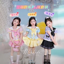 Kawaii Anime Cinnamoroll Girl's Jk Pleated Skirt Set Sanrios Y2K Doll Collar Short Sleeve Sailor Uniform Kuromi Kid Princess Set