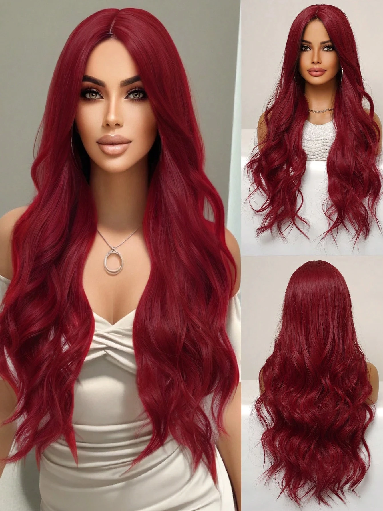 

Gorgeous and Smooth Long Wavy Hairstyle, Deep Red Highlights with a Natural Effect, Showcasing a Charming Style Daily Party Wigs, Made of Synthetic Materials, with a Stylish and Cool Look That Can Be Styled as You Like. Romantic and Elegant Style, Cute De