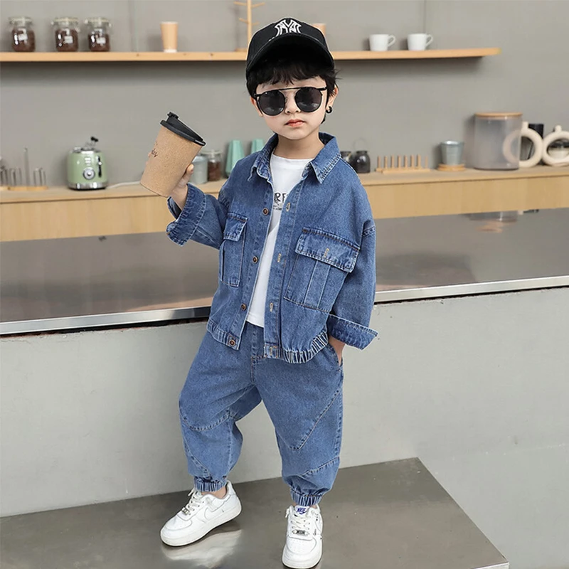 2025 Spring Autumn Baby Boys Blue Cowboy Sport Suit Children Solid Color Denim Jacket Coat+Jeans Long Pants Two-piece Set