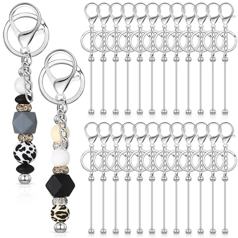AT63-96 Pcs Beadable Keychain Bars Bulk For Beads DIY Blank Keychain Metal Beaded Keychain For Bead Keychain Crafts Silver