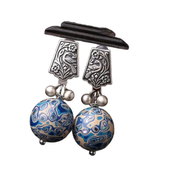 Chinese Classical Style Intangible Cultural Heritage Lacquer Bead Mother of Pearl Women's Earrings Ethnic Retro Jewelry