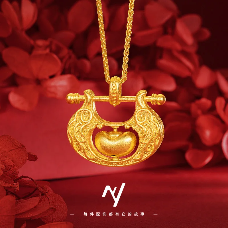 

Мужской и женский одинаковый стиль 9999, 24-каратное настоящее золото, новый китайский стиль, новый облачный узор, сумка с замком, ожерелье с подвеской